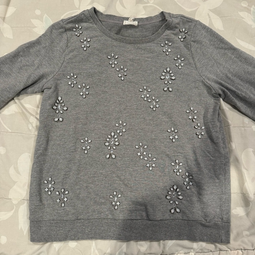 Soft Joie Embellished Rhinestone Gray Crew Neck Pullover Sweatshirt